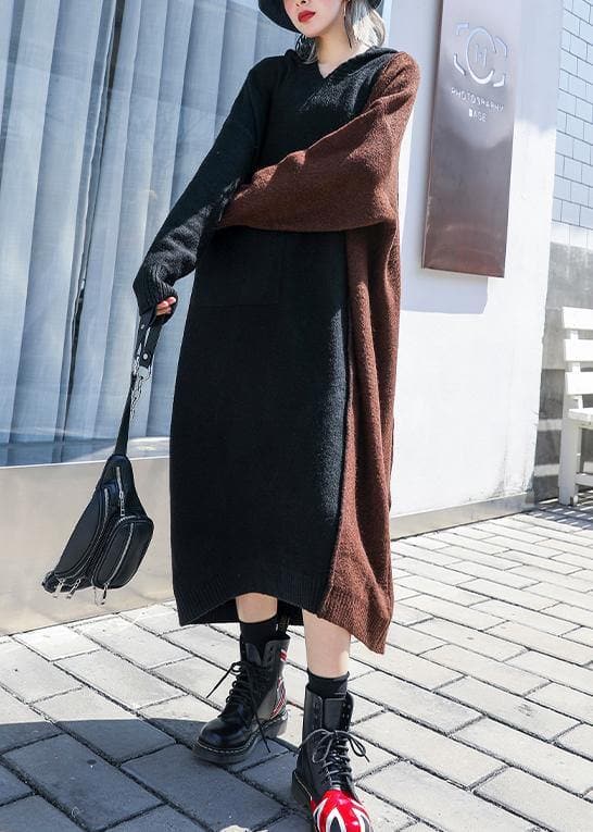 Fashion chocolate Sweater dress outfit Vintage hooded patchwork Art knit dresses AT-NSD201014