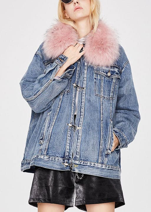 Fashion denim blue Pink fur collar Winter Duck Down Jacket GJDK-DJK211105