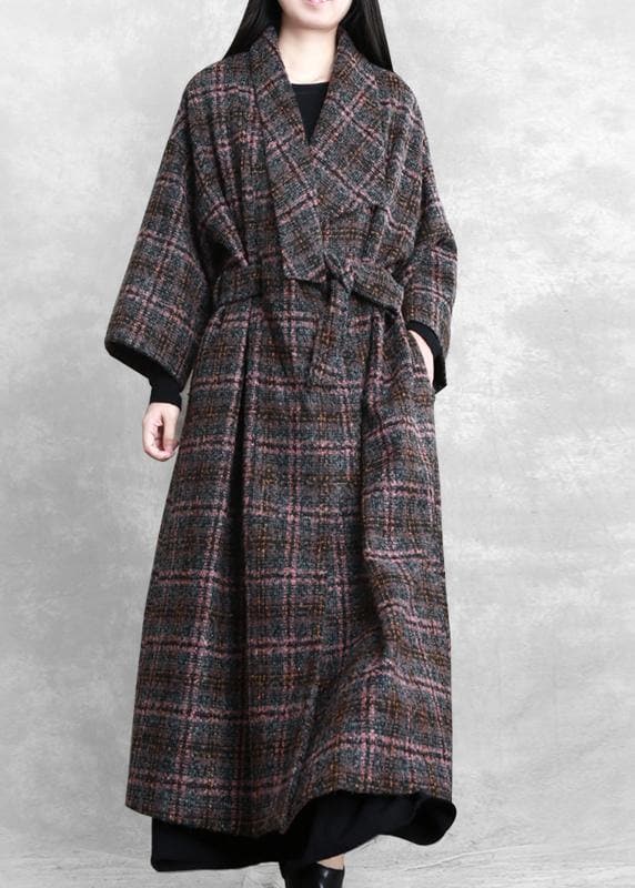 Fashion trendy plus size women coats gray plaid tie waist pockets wool coat TCT201110