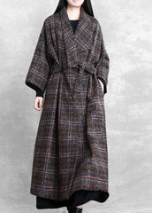 Fashion trendy plus size women coats gray plaid tie waist pockets wool coat TCT201110
