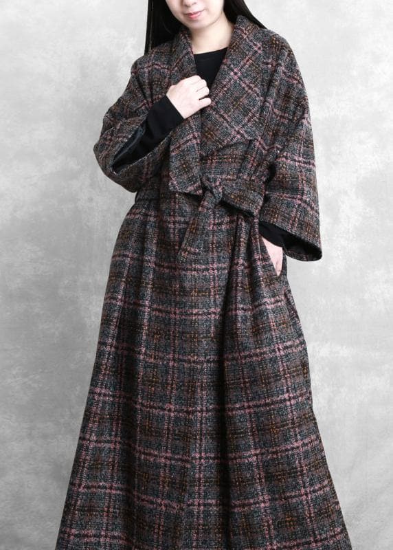 Fashion trendy plus size women coats gray plaid tie waist pockets wool coat TCT201110