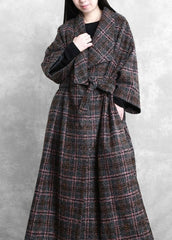 Fashion trendy plus size women coats gray plaid tie waist pockets wool coat TCT201110