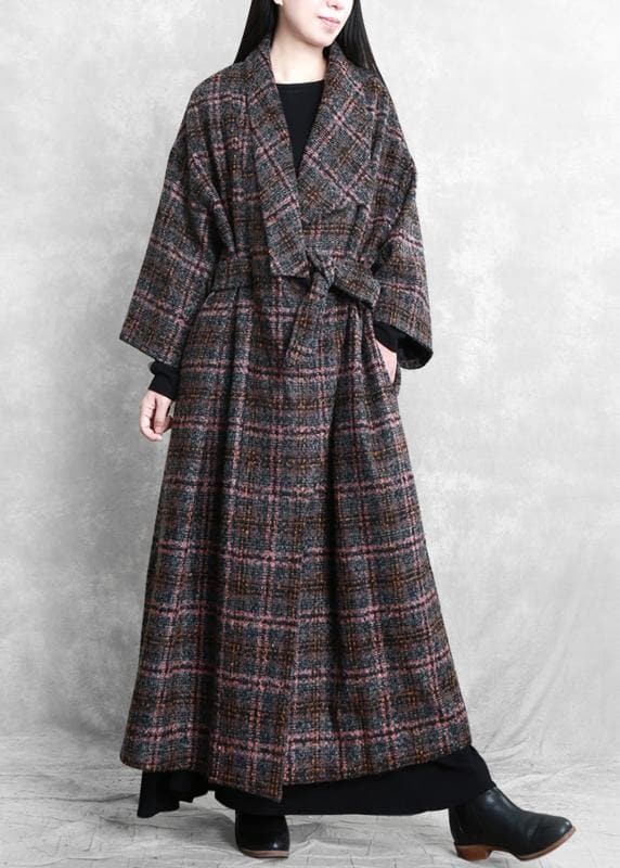 Fashion trendy plus size women coats gray plaid tie waist pockets wool coat TCT201110