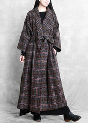 Fashion trendy plus size women coats gray plaid tie waist pockets wool coat TCT201110