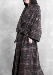 Fashion trendy plus size women coats gray plaid tie waist pockets wool coat TCT201110