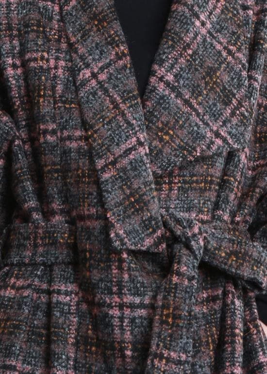 Fashion trendy plus size women coats gray plaid tie waist pockets wool coat TCT201110