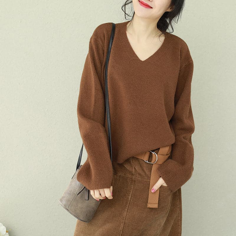 Fashion v neck Sweater Wardrobes Beautiful chocolate Big knit tops NTP190129