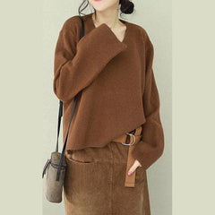Fashion v neck Sweater Wardrobes Beautiful chocolate Big knit tops NTP190129