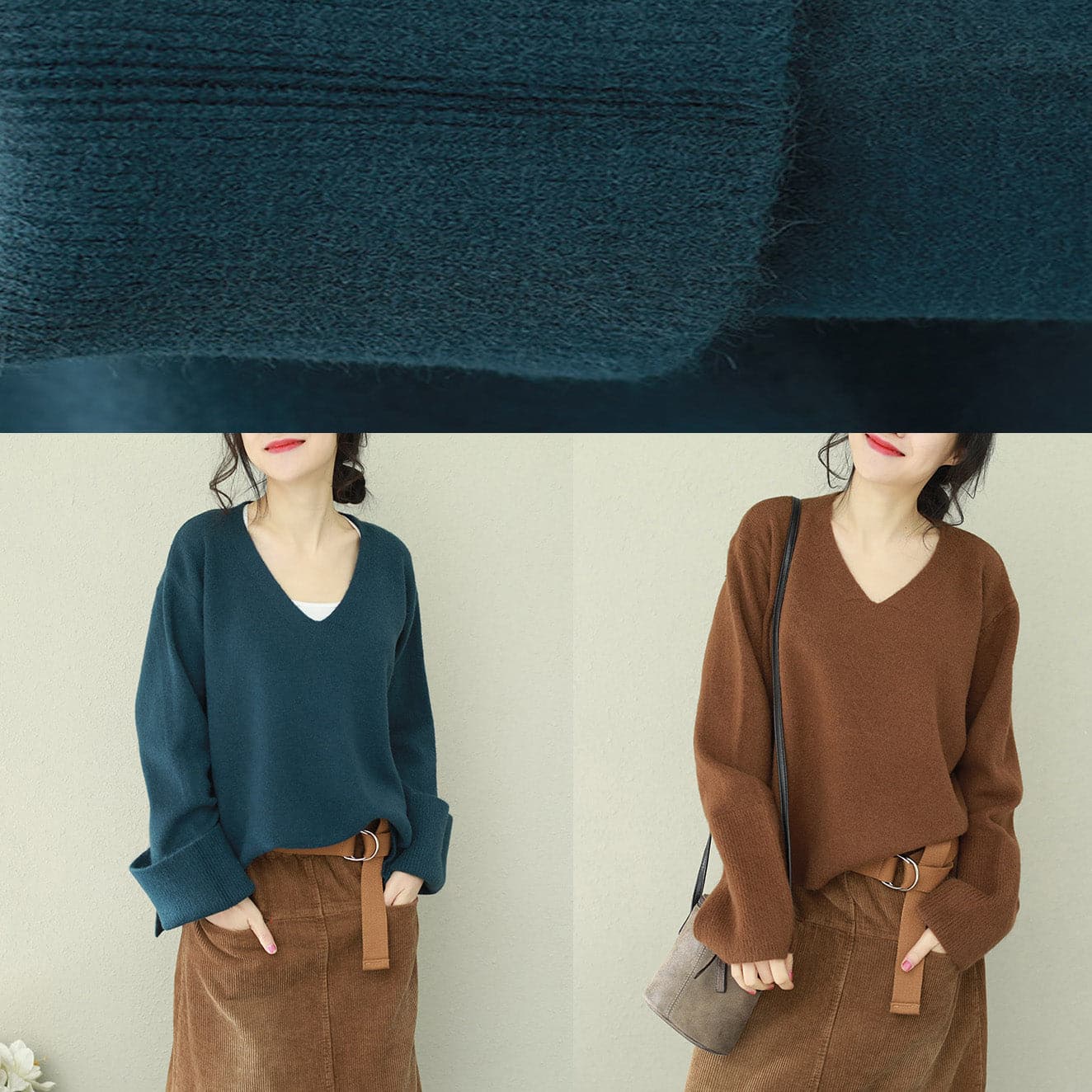 Fashion v neck Sweater Wardrobes Beautiful chocolate Big knit tops NTP190129