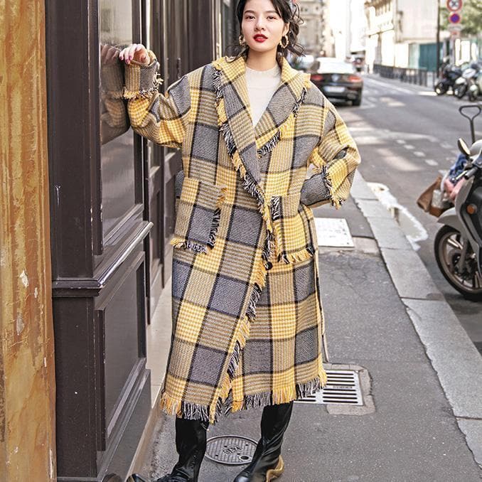 Fashion yellow Plaid coats casual Notched outwear 2018 pockets tassel Coats TCT181016