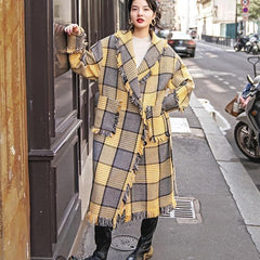 Fashion yellow Plaid coats casual Notched outwear 2018 pockets tassel Coats TCT181016