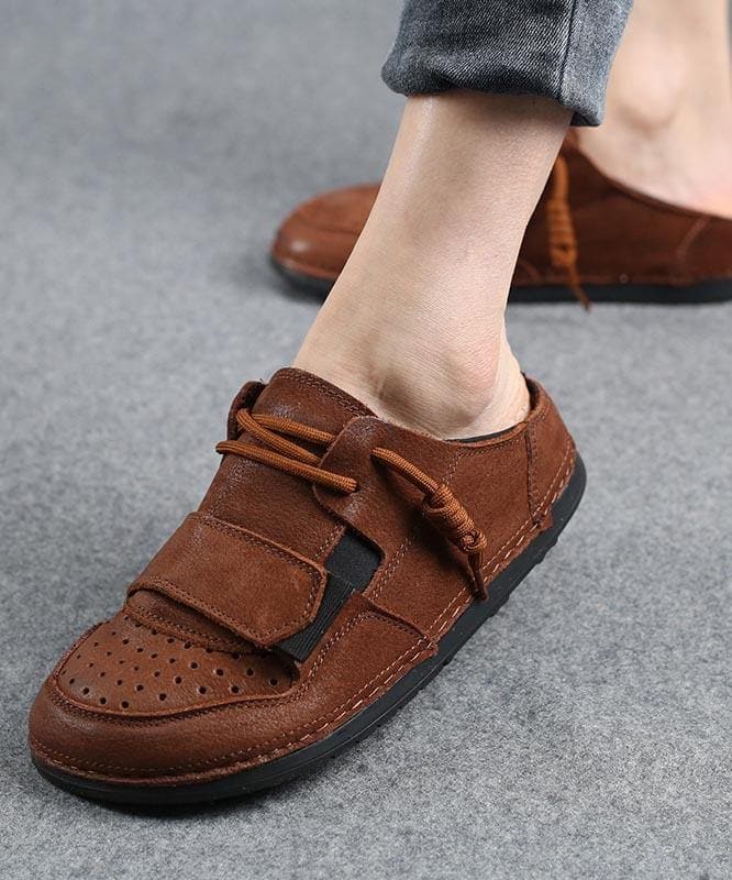 Fine Chocolate Lace Up Hollow Out Cowhide Leather Slippers XZ-PDX210622