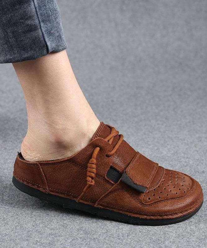 Fine Chocolate Lace Up Hollow Out Cowhide Leather Slippers XZ-PDX210622