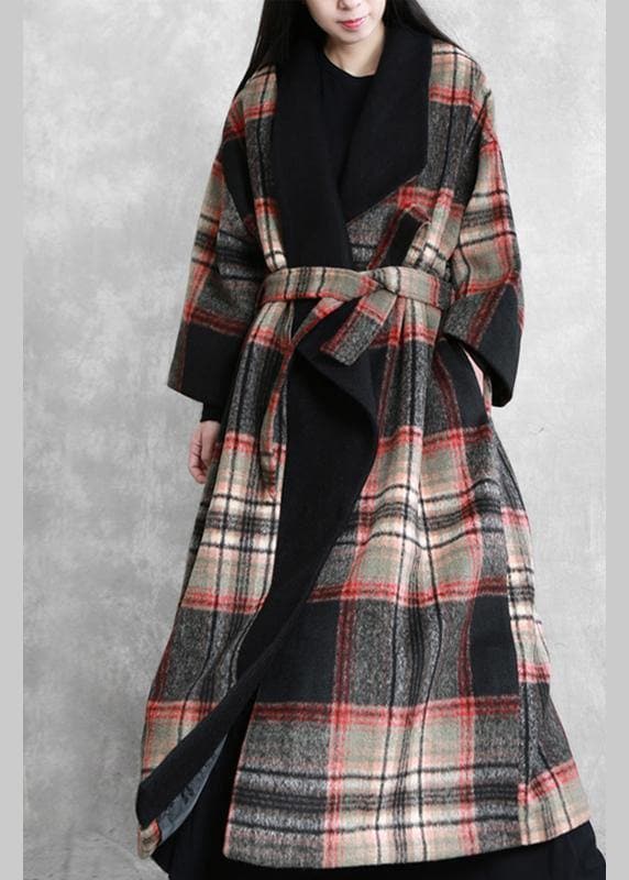 Fine Loose fitting maxi coat red plaid Notched tie waist Woolen Coat Women TCT191115
