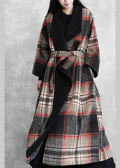 Fine Loose fitting maxi coat red plaid Notched tie waist Woolen Coat Women TCT191115