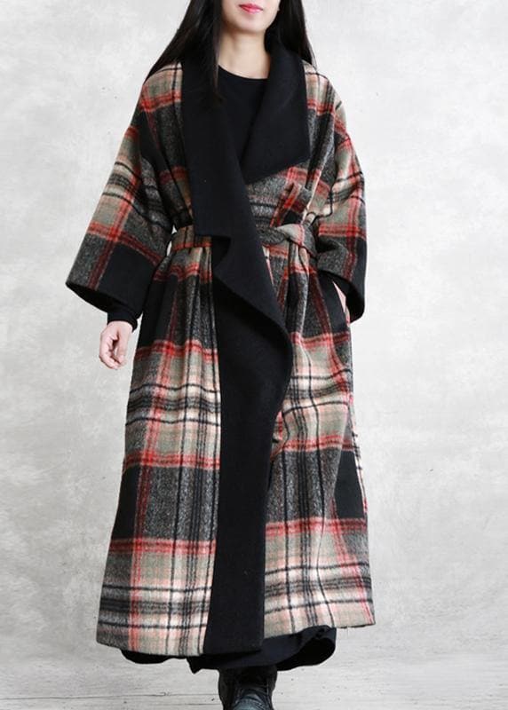 Fine Loose fitting maxi coat red plaid Notched tie waist Woolen Coat Women TCT191115
