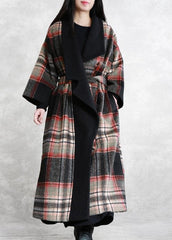 Fine Loose fitting maxi coat red plaid Notched tie waist Woolen Coat Women TCT191115