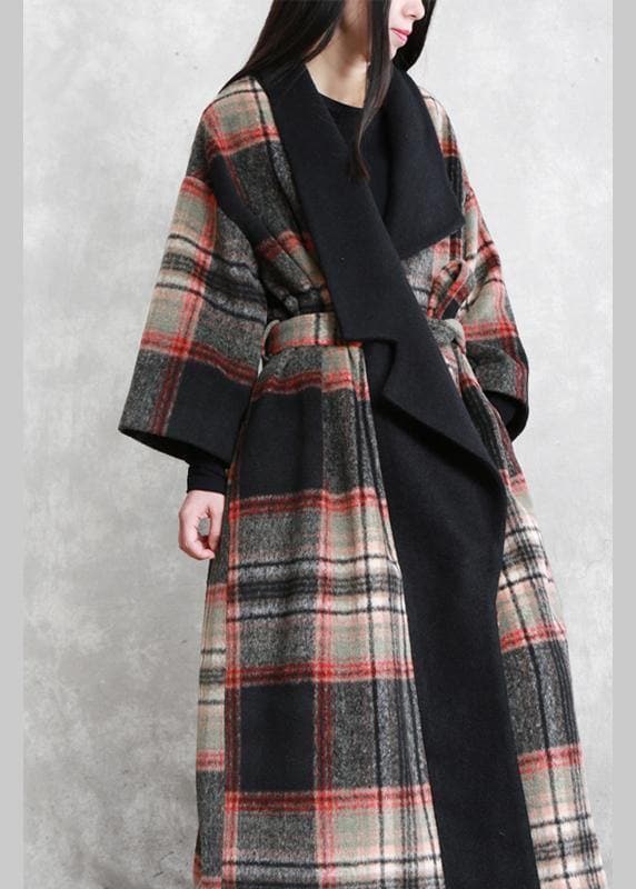 Fine Loose fitting maxi coat red plaid Notched tie waist Woolen Coat Women TCT191115
