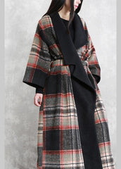 Fine Loose fitting maxi coat red plaid Notched tie waist Woolen Coat Women TCT191115