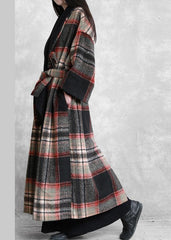Fine Loose fitting maxi coat red plaid Notched tie waist Woolen Coat Women TCT191115