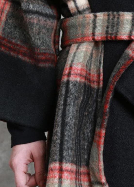 Fine Loose fitting maxi coat red plaid Notched tie waist Woolen Coat Women TCT191115