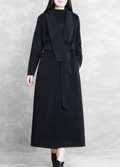 Fine Loose fitting maxi coat woolen outwear black tie waist pockets overcoat TCT201110