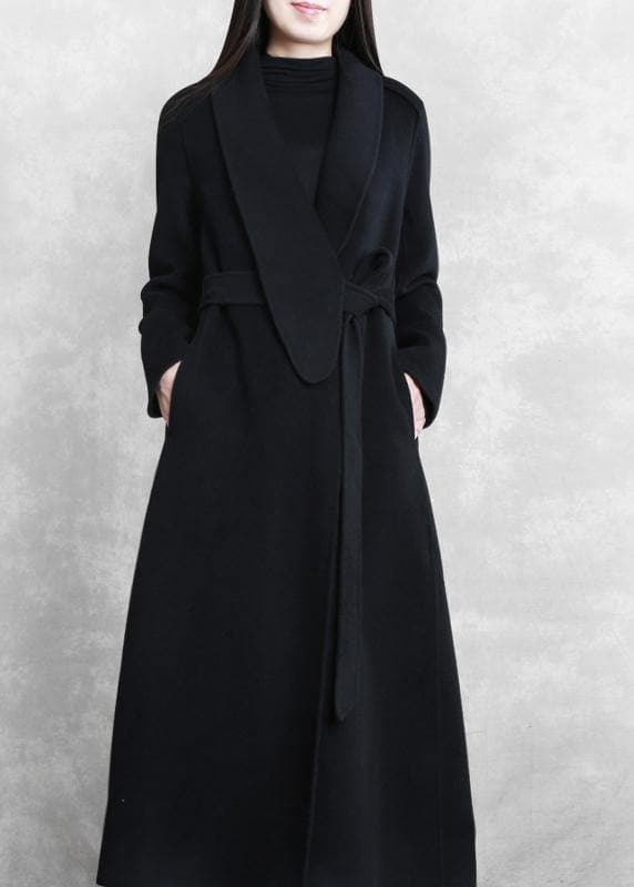 Fine Loose fitting maxi coat woolen outwear black tie waist pockets overcoat TCT201110