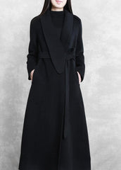 Fine Loose fitting maxi coat woolen outwear black tie waist pockets overcoat TCT201110