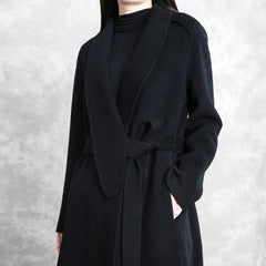Fine Loose fitting maxi coat woolen outwear black tie waist pockets overcoat TCT201110