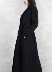 Fine Loose fitting maxi coat woolen outwear black tie waist pockets overcoat TCT201110
