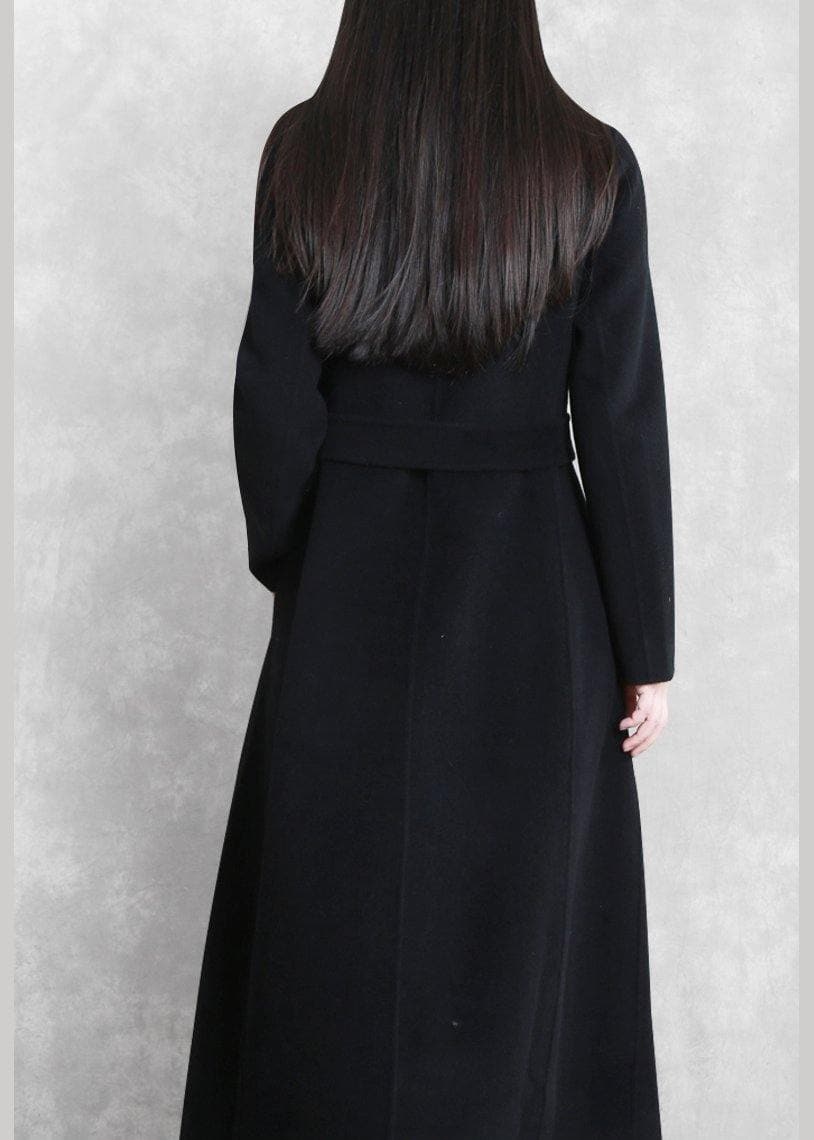 Fine Loose fitting maxi coat woolen outwear black tie waist pockets overcoat TCT201110