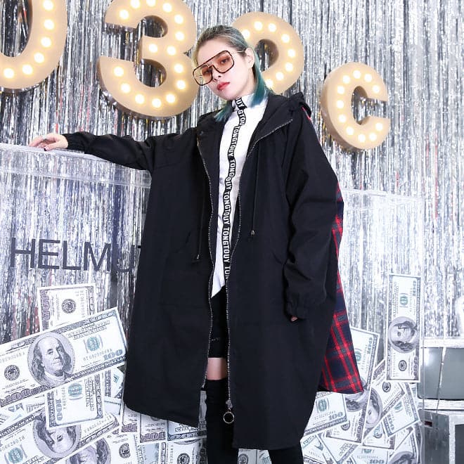 Fine black patchwork maxi coat trendy plus size hooded Winter Fine baggy coats AT-CTS180917