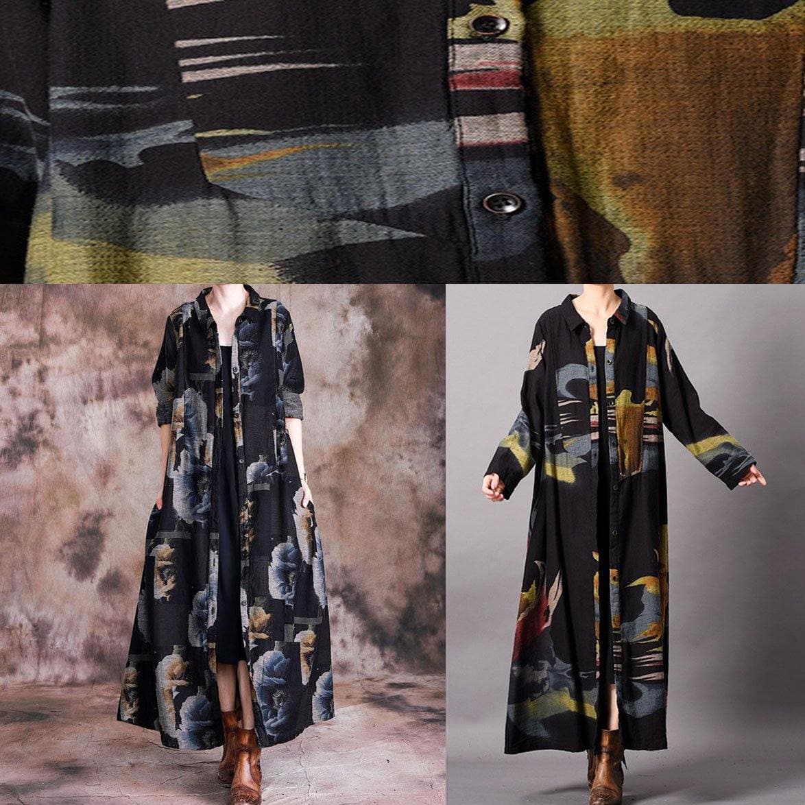 Fine blue print plus size clothing long fall lapel Button Down coat TCT190910