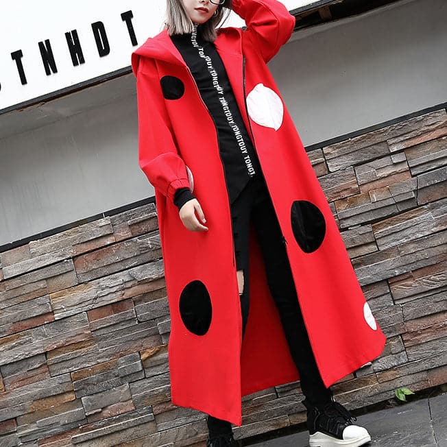 Fine red dotted Coat oversize hooded outwear Fashion side open baggy long coats AT-TCT1809911