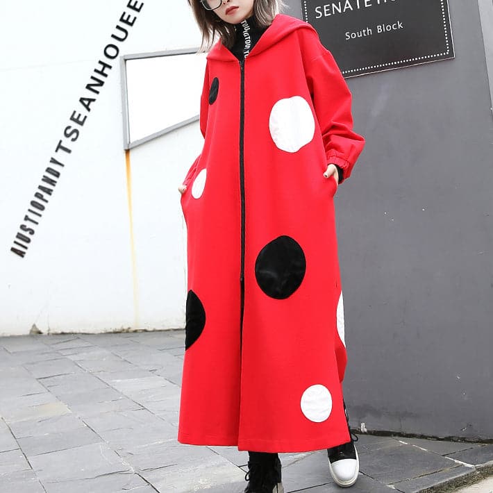 Fine red dotted Coat oversize hooded outwear Fashion side open baggy long coats AT-TCT1809911