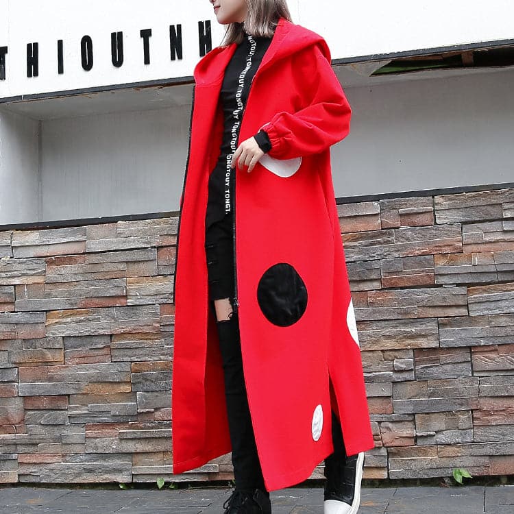 Fine red dotted Coat oversize hooded outwear Fashion side open baggy long coats AT-TCT1809911