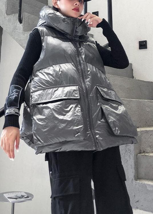 Fine silver gray winter outwear plus size clothing snow sleeveless hooded pockets winter outwear AT-DJK201105