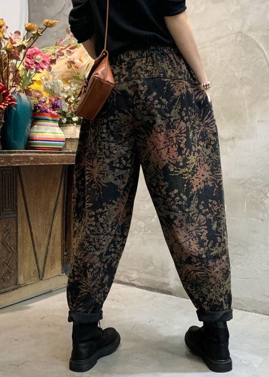 Fitted Black Cinched fashion Print denim Pants Winter NZ-LPTS220105