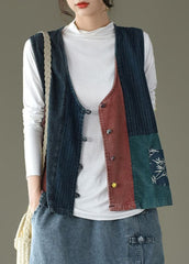Fitted V Neck Button Patchwork denim Tanks Sleeveless ZMQH-VTP220114