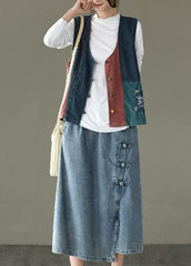 Fitted V Neck Button Patchwork denim Tanks Sleeveless ZMQH-VTP220114