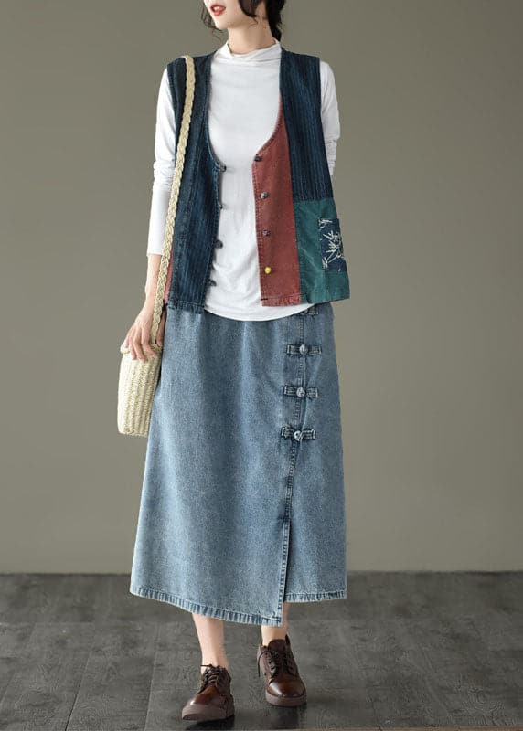 Fitted V Neck Button Patchwork denim Tanks Sleeveless ZMQH-VTP220114