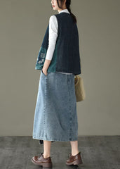 Fitted V Neck Button Patchwork denim Tanks Sleeveless ZMQH-VTP220114
