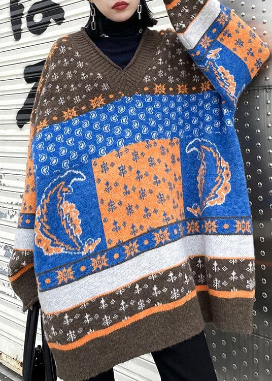 For Spring chocolate print knit tops trendy plus size v neck patchwork Blouse AT-NTP201217