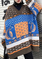 For Spring chocolate print knit tops trendy plus size v neck patchwork Blouse AT-NTP201217