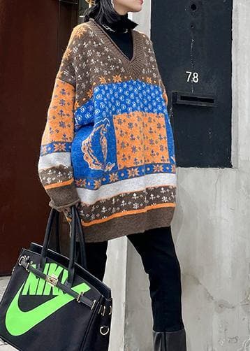 For Spring chocolate print knit tops trendy plus size v neck patchwork Blouse AT-NTP201217