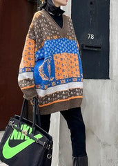 For Spring chocolate print knit tops trendy plus size v neck patchwork Blouse AT-NTP201217