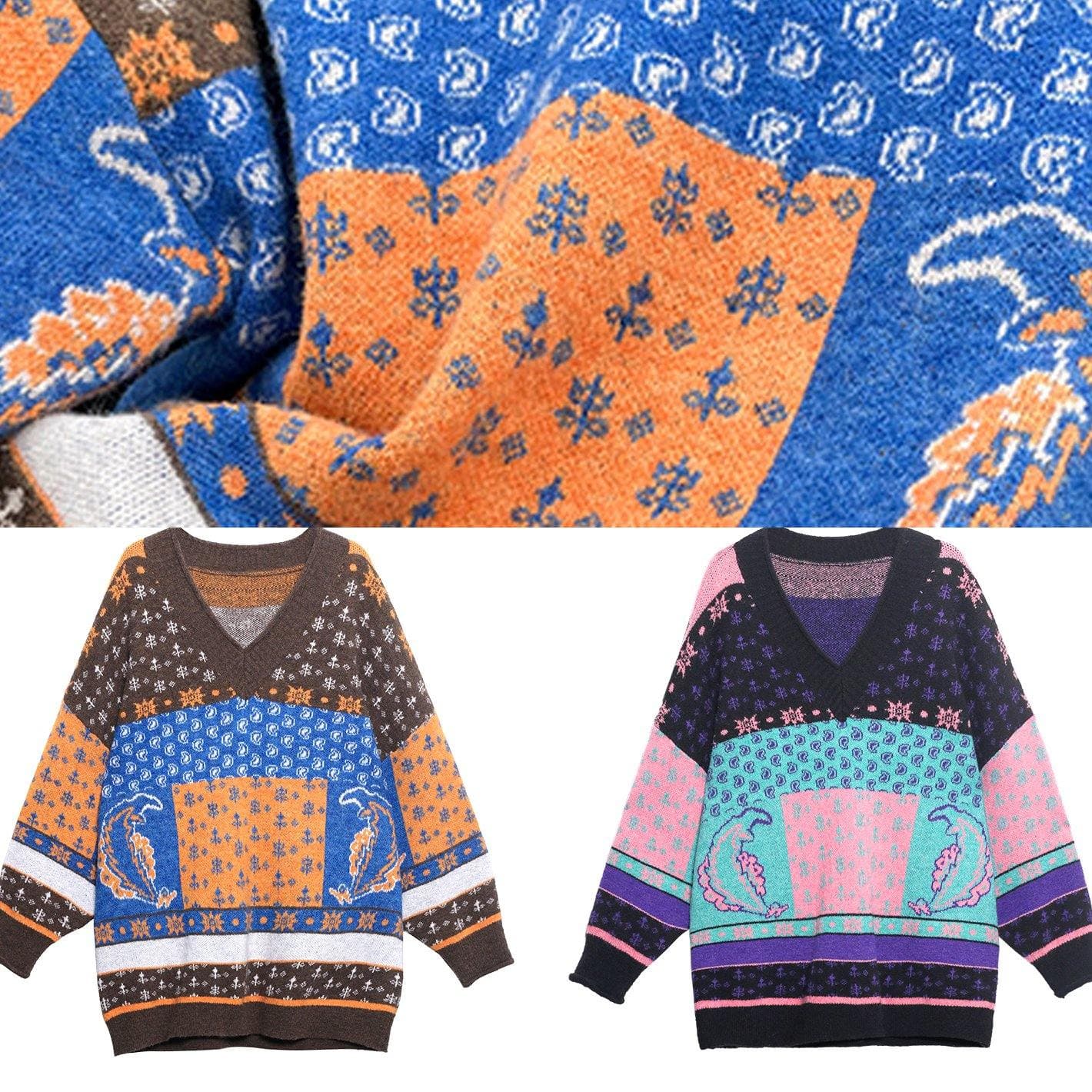 For Spring chocolate print knit tops trendy plus size v neck patchwork Blouse AT-NTP201217