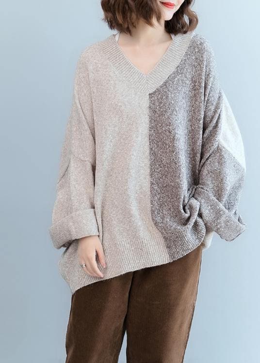 For Work gray knitted t shirt v neck patchwork trendy plus size knit sweat tops NTP201026