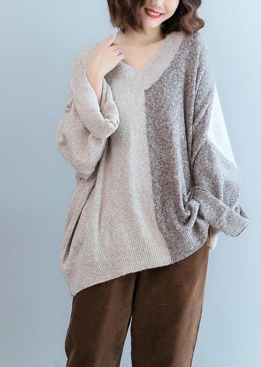 For Work gray knitted t shirt v neck patchwork trendy plus size knit sweat tops NTP201026