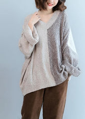 For Work gray knitted t shirt v neck patchwork trendy plus size knit sweat tops NTP201026